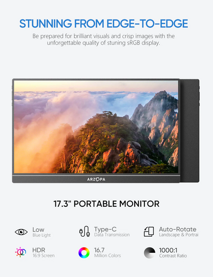 Arzopa A1M Portable Laptop Monitor | 1080P 17.3'' FHD IPS
