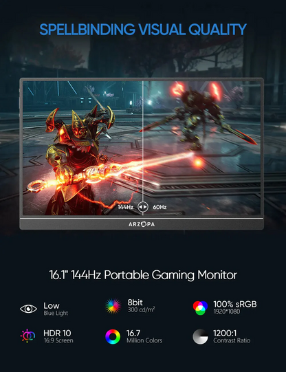 Arzopa Z1FC 144Hz Portable Gaming Monitor | 16.1” FHD 1080P Display