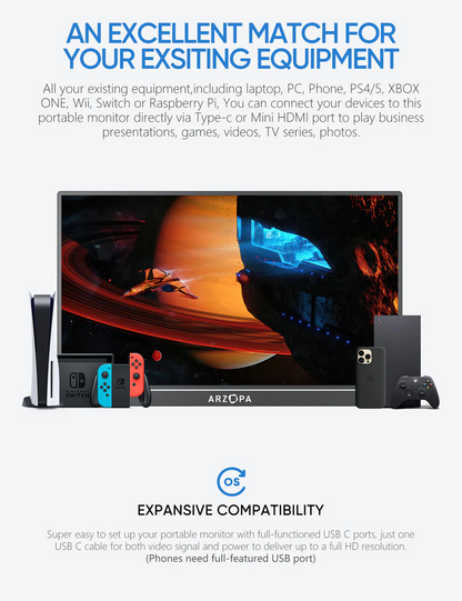 Arzopa A1M Portable Laptop Monitor | 1080P 17.3'' FHD IPS
